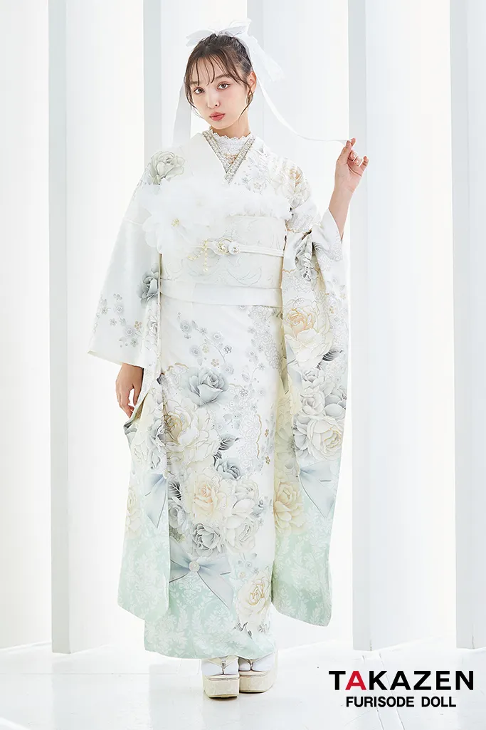 ヘップバーンコスメカラー振袖ネットレンタル　白/ミントグリーン/淡い色　バラ柄/ブーケ柄　ガーリー　かわいい　レースインナー　香川るな　25002