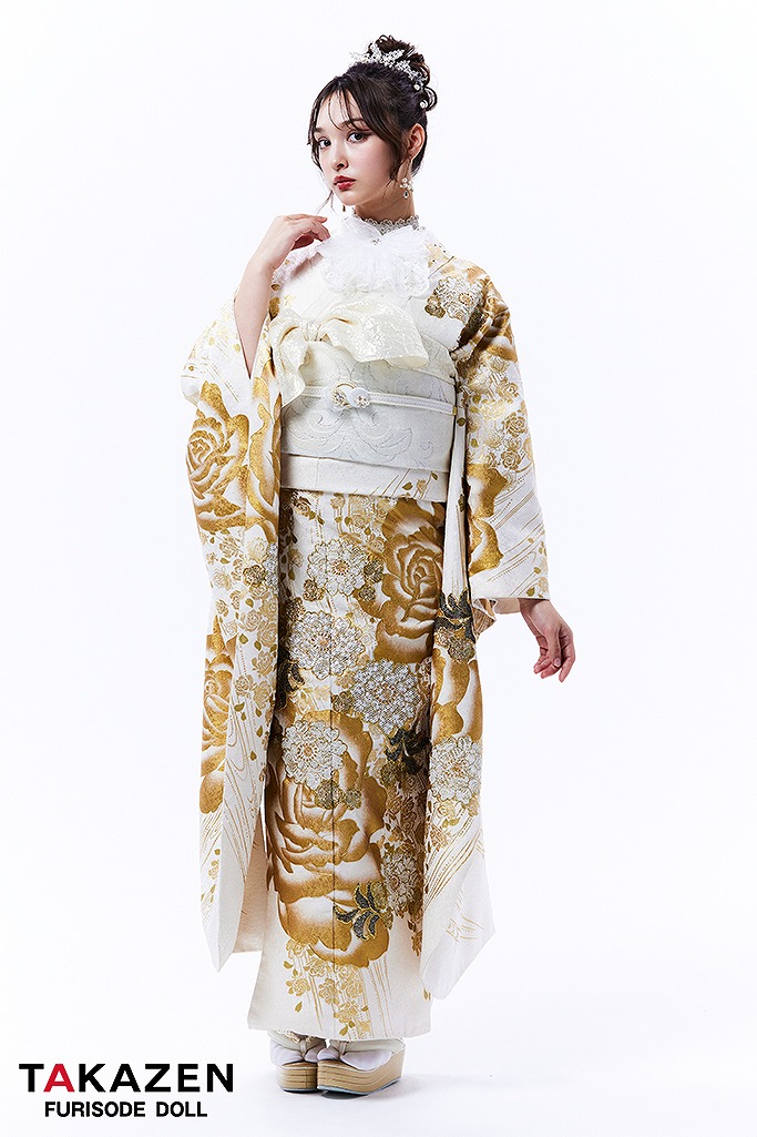 ヘップバーン　白/ゴールド　レース素材バラ柄　セレブ　高級エレガント振袖　人気　キラキラスワロフスキー付き　香川るな　32037