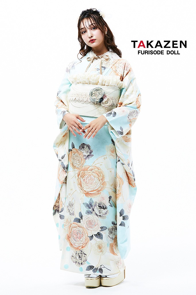 ヘップバーン　ブルー(水色)/ベージュ　かわいいバラ柄/リボン柄　スワロフスキー付き　キラキラ　人気　おしゃれ振袖　香川るな　22005