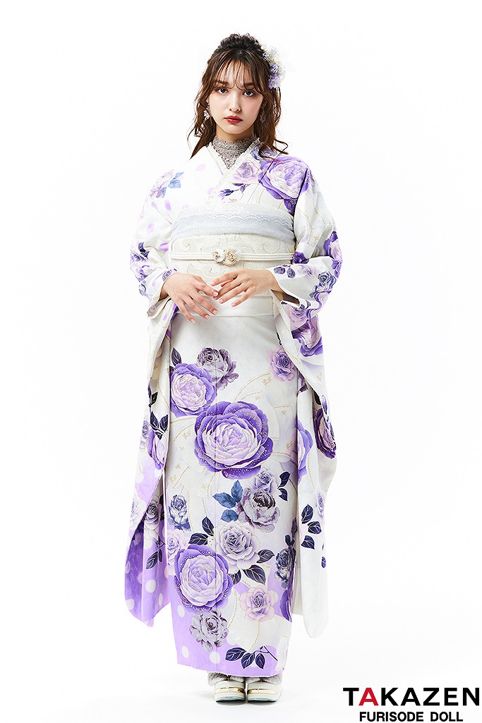 ヘップバーン　薄紫/白　バラ柄/リボン柄　セレブ　キラキラスワロフスキー付き　エレガント　人気振袖　香川るな　22038