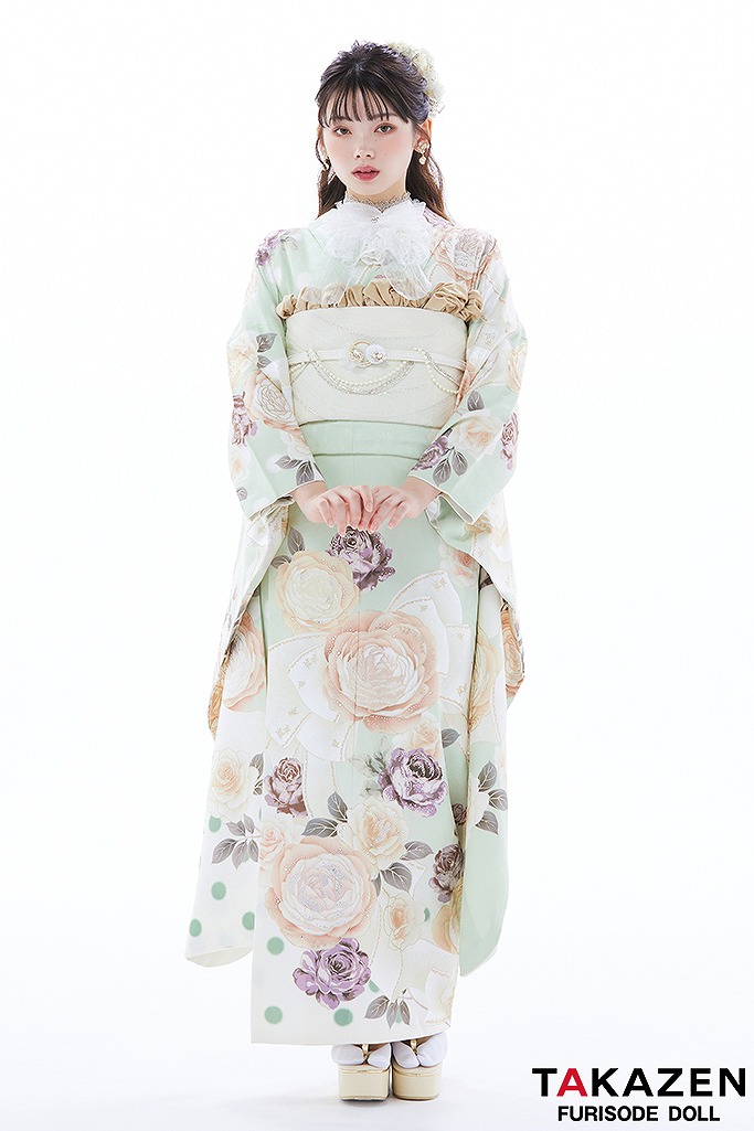 ヘップバーン　ミントグリーン/淡い色/くすみ系　薔薇柄/リボン柄　かわいい　人とかぶらない　おしゃれ　南琴奈　23033