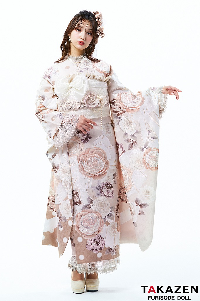 ヘップバーン　ベージュ/淡色/くすみ　バラ柄/リボン柄　エレガント　お洒落　スワロフスキー付き　かわいい　レースインナーコーデ　香川るな 23034