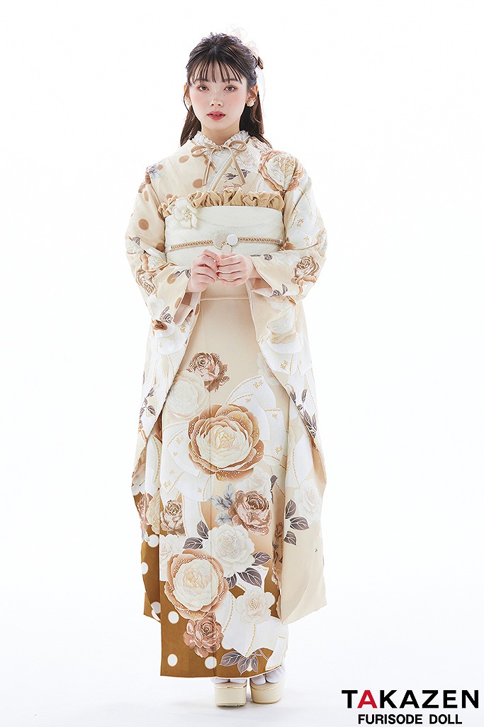 ヘップバーン　ブラウンベージュ/淡色/くすみ　セレブ　バラ柄/リボン柄　スワロフスキー付き　かわいい振袖　南琴奈 23037