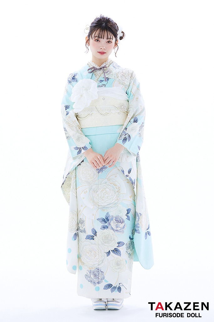 ヘップバーンシャネルカラー　ブルー(水色)/白　バラ/リボン柄　スワロフスキー　透明感　おしゃれ　セレブ　エレガント　南琴奈　24005