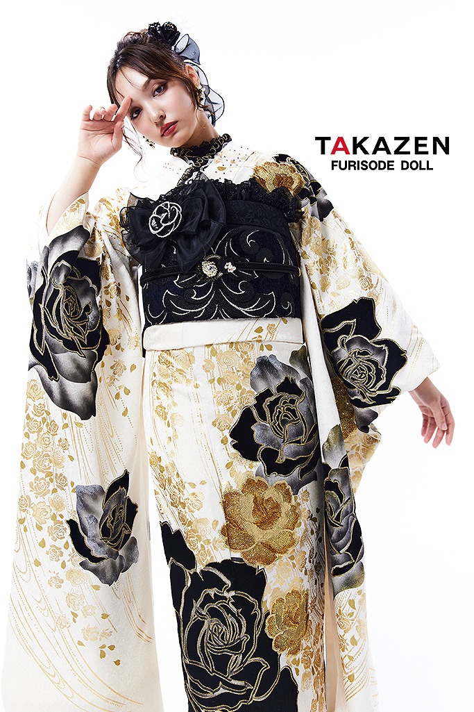 高級ヘップバーン　白/ゴールド/黒　ベルベット素材バラ柄　セレブ　エレガント　洋風　ゴージャス　香川るな　32036