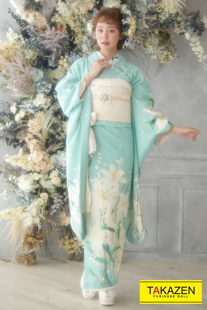 レトロ　水色(ブルー)/白/アイスブルー　ユリ柄　淡色　シンプル　振袖ネットレンタル　柄少なめ　上品　G39