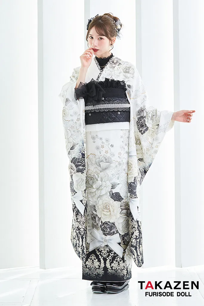 ヘップバーンコスメカラー　白/黒/ゴールド　バラ柄/ブーケ柄　セレブ　エレガント　リボン　キラキラ　ドレッシー振袖ネットレンタル　白宮みずほ　25005