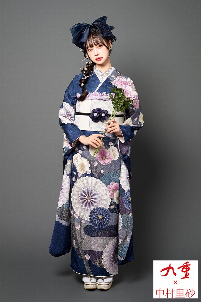 九重×中村里砂振袖ネットレンタル　青　菊柄/大柄　レトロ古典　人とかぶらない振袖　寒色系　上品　綺麗　K1163