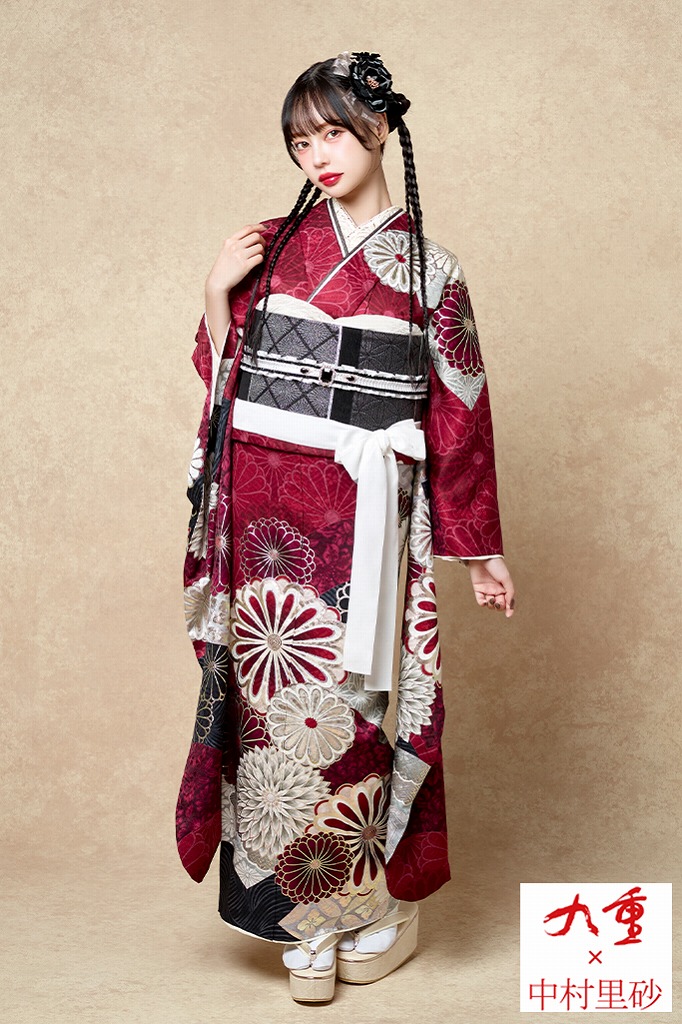 九重×中村里砂振袖ネットレンタル　ワインレッド/エンジ　菊柄　おしゃれ　流行　大人っぽい振袖　モダン　人とかぶらない　K1167