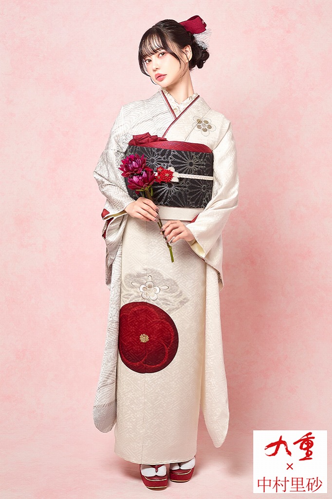 九重×中村里砂振袖ネットレンタル　白/赤/紅白　梅柄　シンプル　ワンポイント　大人っぽい　綺麗　レトロ古典振袖　すっきり　K1159