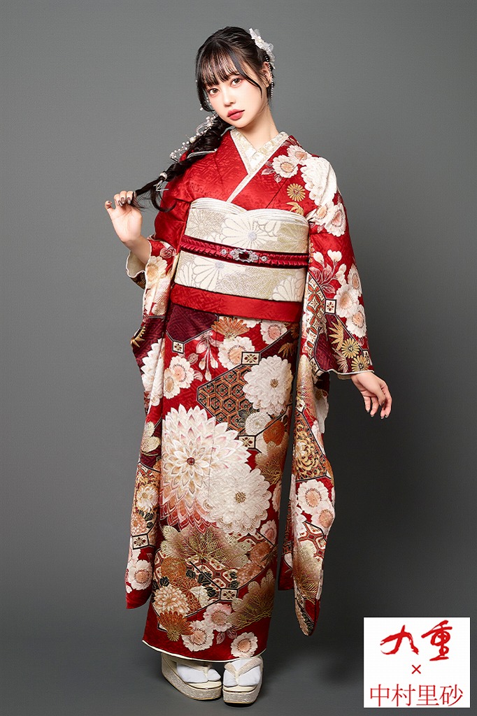 九重×中村里砂振袖ネットレンタル　赤　菊柄/松柄　王道　レトロ古典振袖　定番　華やか　綺麗　モダン　K1162