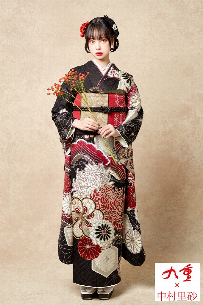 九重×中村里砂振袖ネットレンタル　黒/赤　乱菊柄/ねじり梅/大柄　豪華　かっこいい振袖　華やか　粋　大人っぽい　K1170