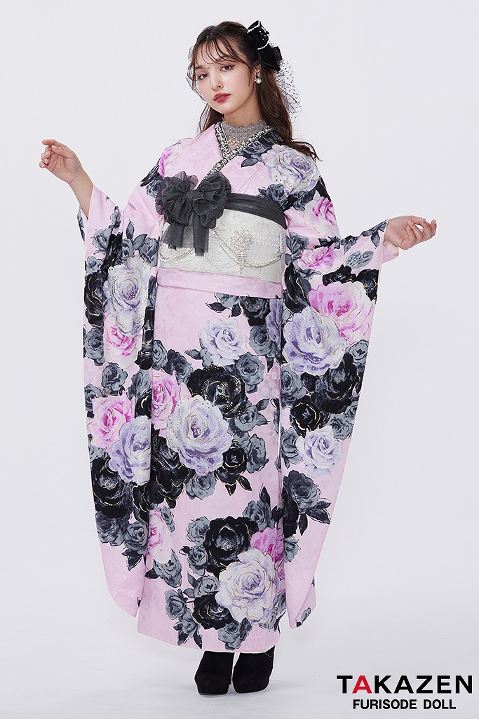 ヘップバーン　ピンク/グレー　バラ柄　エレガント　洋風　セレブ　ブーツコーデ　キラキラ　ガーリー　レースインナーコーデ　香川るな　32034