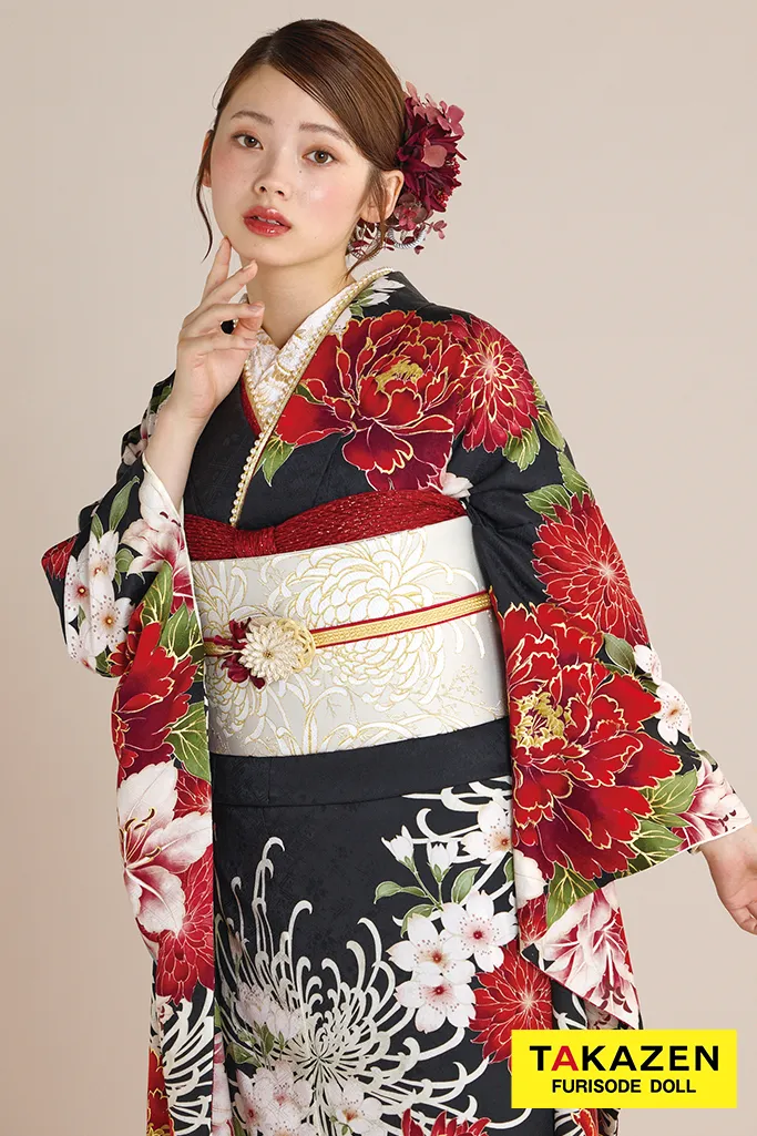 最新作正統派古典　黒/赤　乱菊柄　かっこいい　大人っぽい　Kamishibai Story of anoブランド振袖　きれいめ振袖ネットレンタル　南琴奈　27025