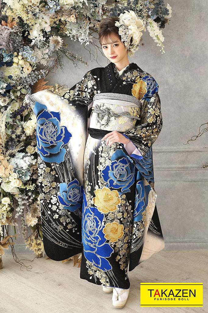 ヘップバーン　セレブ　ブルー(青)/黒/ゴールド　ベルベット素材バラ柄　　人気　高級エレガント振袖　スワロフスキー付き　みうちゃん　G30