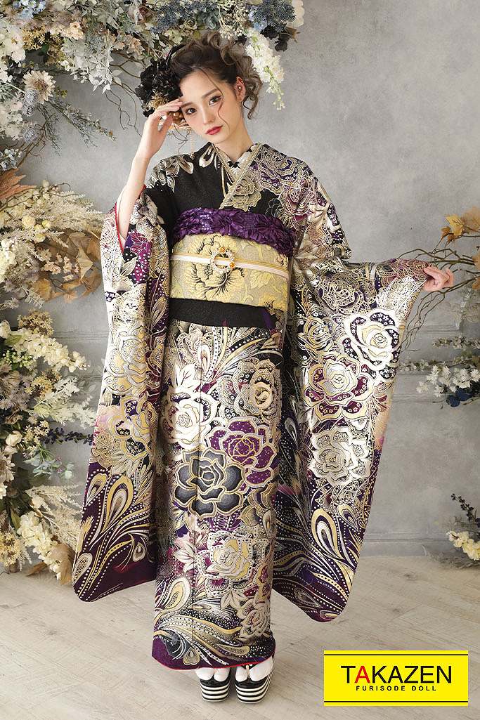 グラマラス系モード　紫/シルバー(銀色)　薔薇柄　派手　かっこいい振袖ネットレンタル　一番目立つ　ゴージャス　みうちゃん　G29