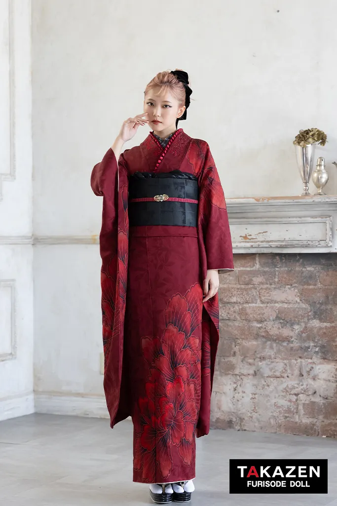 ヴィンテージスタイル　赤　大柄　シンプル　かっこいい　大人っぽい　クール　ラインストーン付き振袖ネットレンタル　K1311