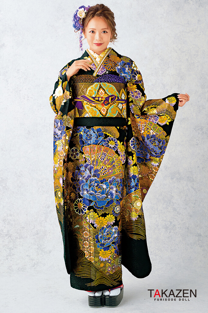 粋古典　黒/紫/ゴールド(金色)　牡丹柄/扇柄　派手　かっこいい　最高級金彩古典振袖ネットレンタル　目立つ華やかさ　22022