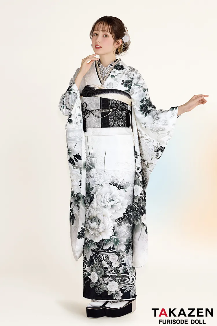 最新作正統派古典　白地/黒　牡丹柄/流水模様　かっこいい　大人っぽい　綺麗　シック　上品な振袖ネットレンタル　周防ジゼル　27026ロ　黒/白　31022