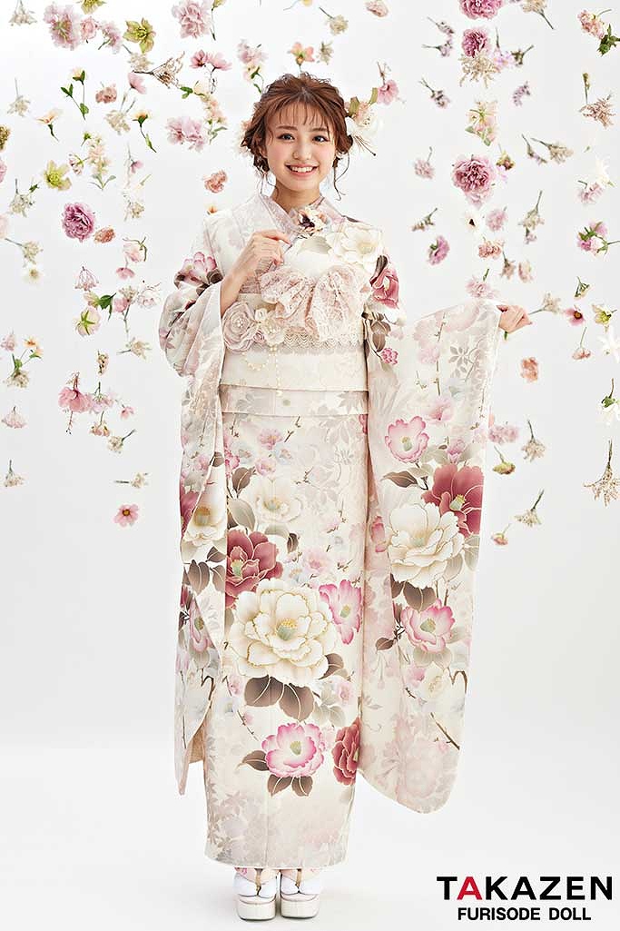 くすみカラーガーリー　白/ピンク/淡色　椿柄　かわいい　リボン小物コーデ　トレンド　香音ちゃん　24012