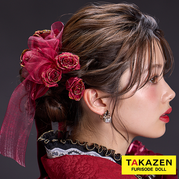 赤色バラ髪飾り　ラメ入り　リボン付き　エレガント　エンジ/ワインレッド　ローズ　オリジナル髪飾り　オシャレな成人式卒業式髪飾り通販