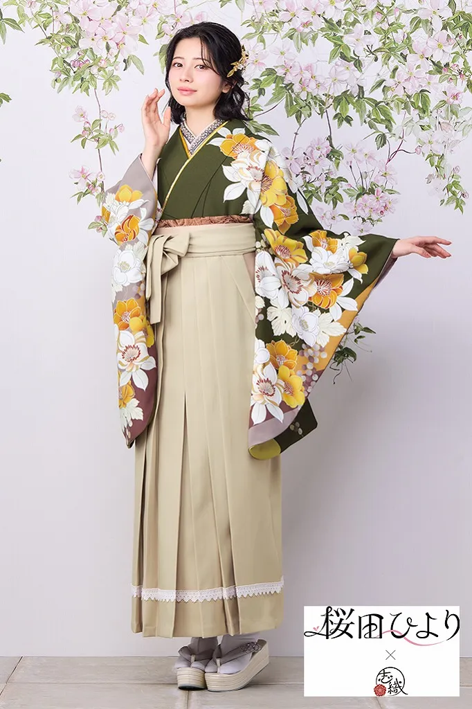 桜田ひより×志織ブランド袴ネットレンタル　カーキ/黄色　古典柄　おしとやか　清楚　上品　古風な着こなし　R26013