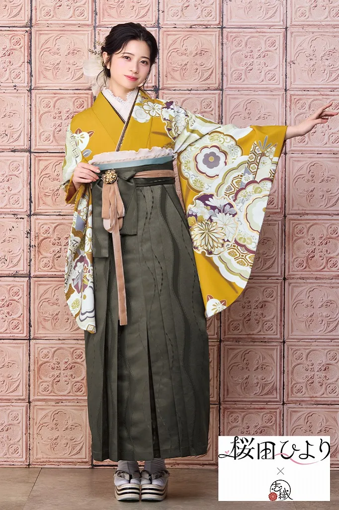 桜田ひより×志織ブランド袴ネットレンタル　からし/マスタード　古典柄　おしとやか　清楚　上品　大人っぽい着こなし　R26014