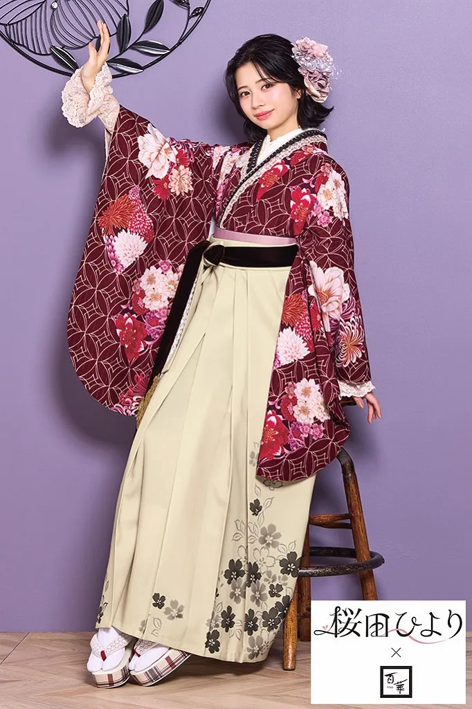 桜田ひより×志織ブランド袴ネットレンタル　エンジ/ワインレッド　七宝柄/古典柄　華やか　上品　かわいい　R26015