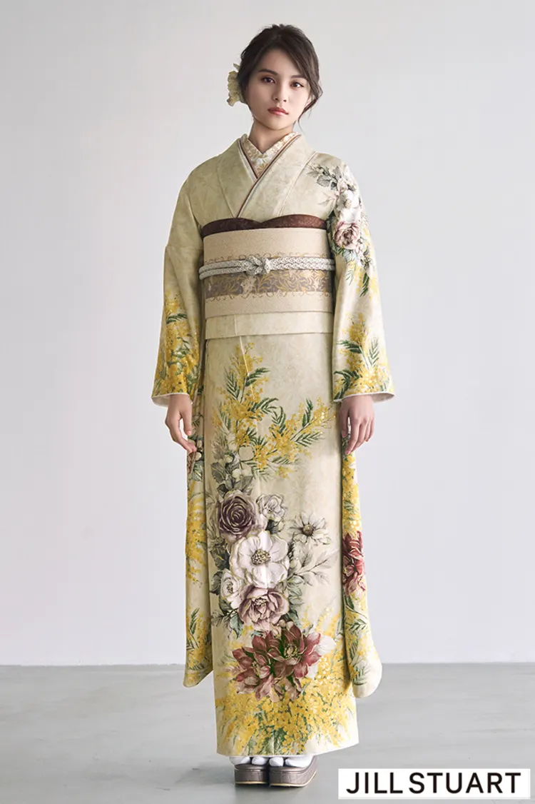 JILL STUARTブランド振袖ネットレンタル　ベージュ/イエロー　ヴィンテージスタイル　かわいい　洋風　珍しい　K1322