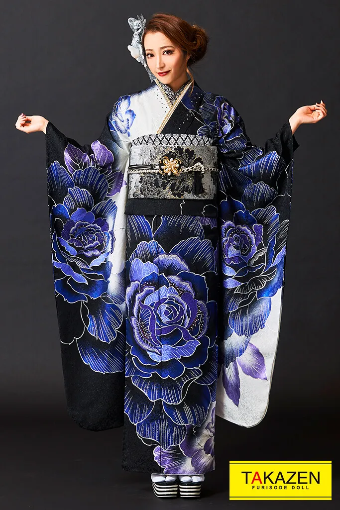 グラマラス系モード　白/紫/シルバー(銀色)　バラ柄/大柄　人と被らない　派手　目立つ　かっこいい系振袖ネットレンタル　キラキラスワロフスキー付き　#F0070