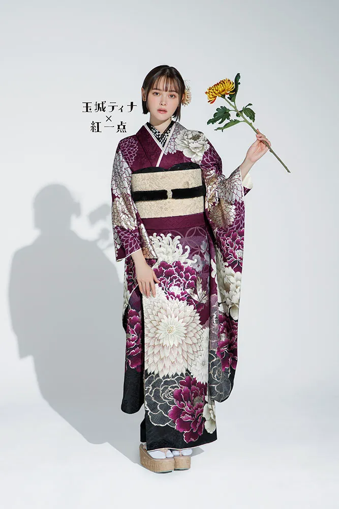 玉城ティナ×紅一点ブランド振袖ネットレンタル　ワインレッド/紫　大柄/乱菊　豪華　大人っぽい　古典柄　目立つ　かっこいい　K1181
