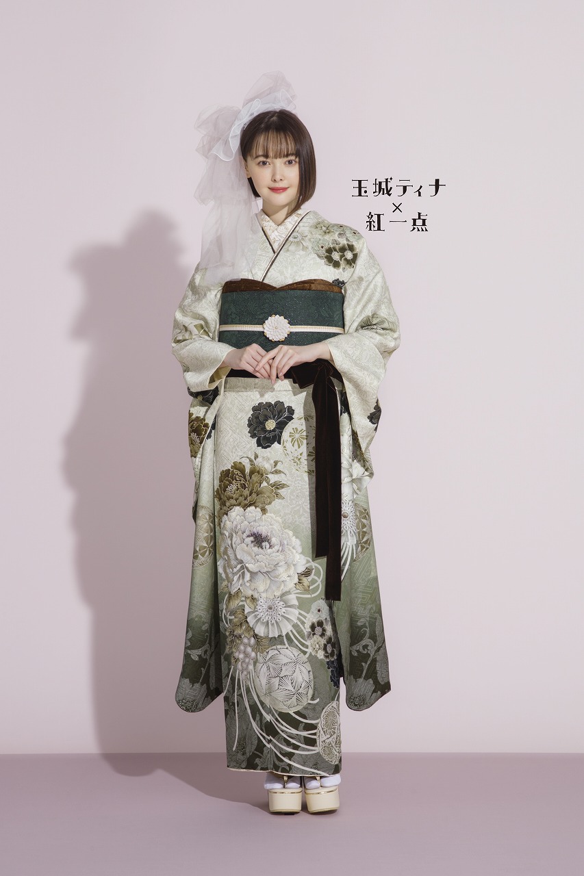 玉城ティナ×紅一点振袖ネットレンタル　くすみグリーン　ボタン柄/毬柄　グラデーション　大人っぽい　K781