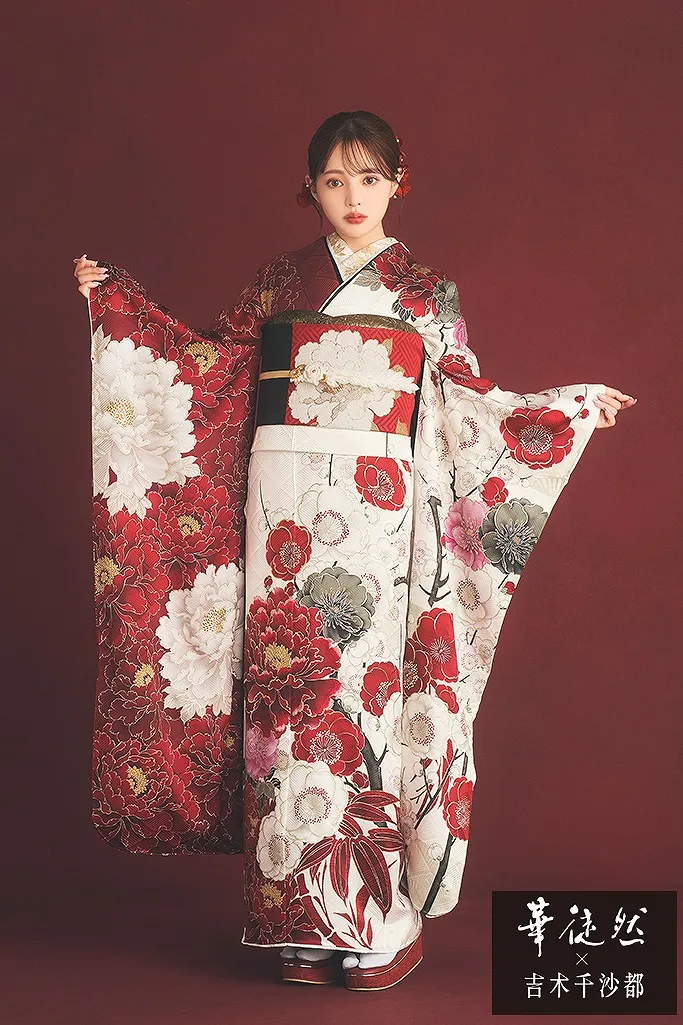 華徒然×吉木千沙都振袖ネットレンタル　白/赤/紅白　牡丹柄/梅柄　片身替わり　華やか　目立つ  K1109