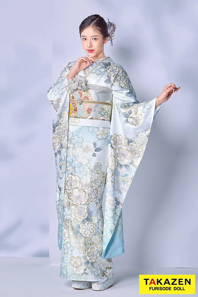 最高級古典柄振袖　関芳/最高級金彩刺繍絞り友禅　水色/白/淡い色　おしとやか　上品　透明感のある振袖　天翔天音　26037