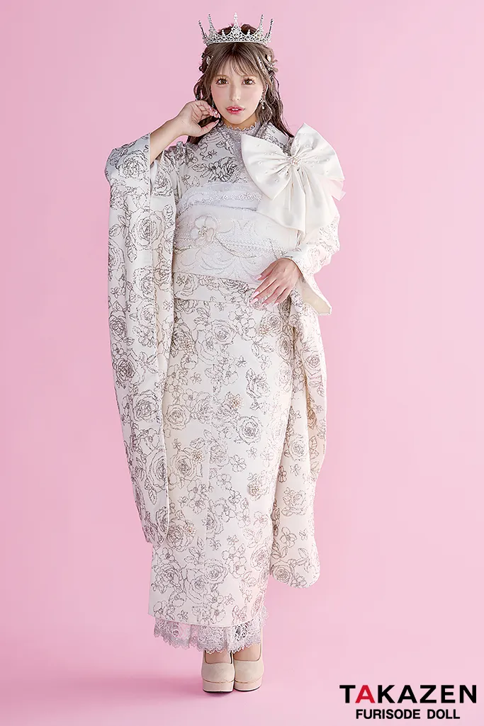 ヘップバーンシュシュ　クリーム/キラキラ　バラ柄　グリッター　リボン付き　ガーリー　派手　かわいい　レースインナーコーデ　今井アンジェリカ　振袖ネットレンタル　25009