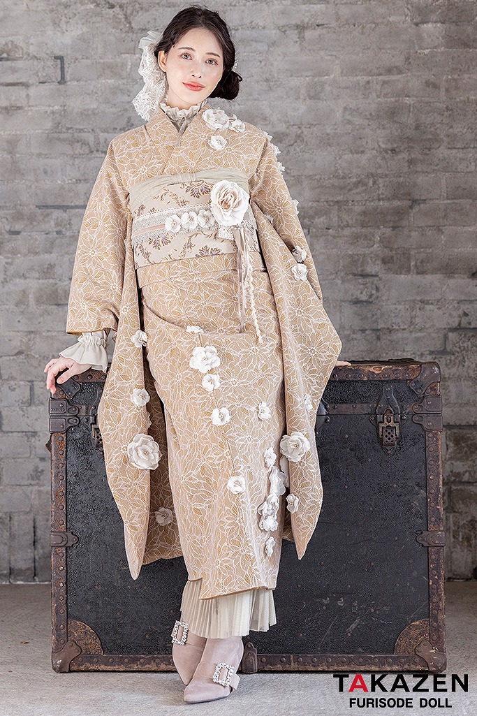 くすみカラーガーリー　ベージュ/からし/ライトブラウン　立体花　総レース　ブーツコーデ　レースインナー　K702