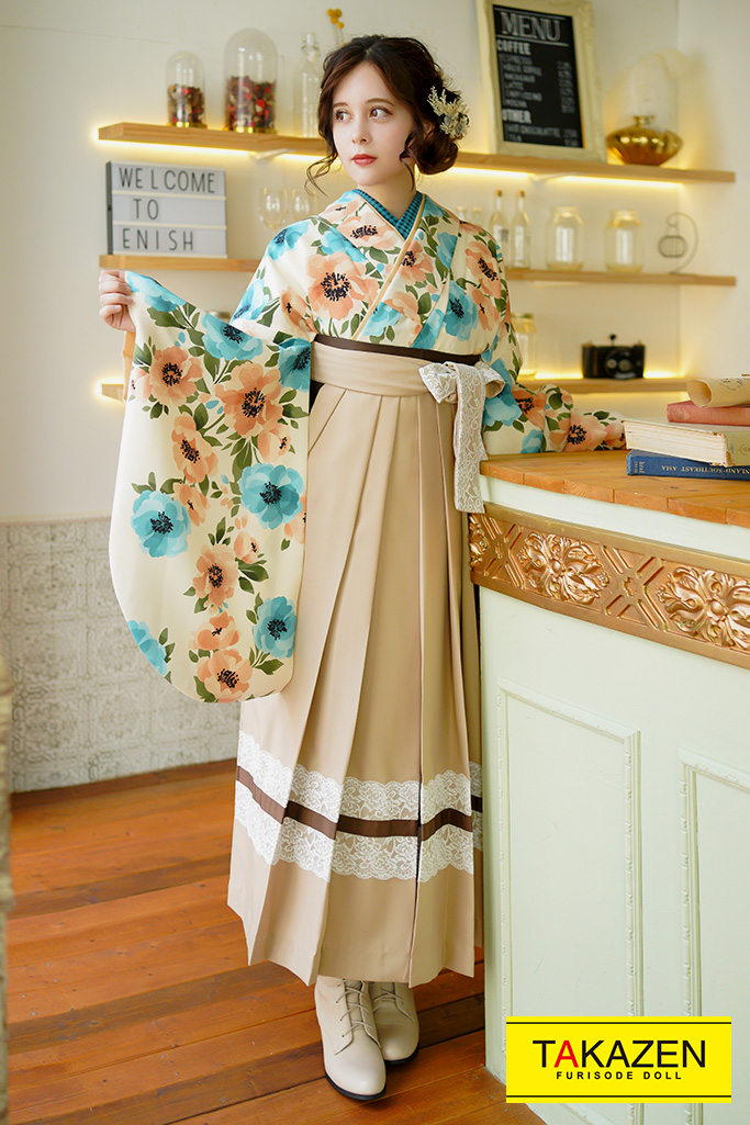 キュートガーリー　クリーム/水色　洋風柄　ふんわり　ブーツコーデ　フェミニン袴ネットレンタル　やわらかい色　K23028