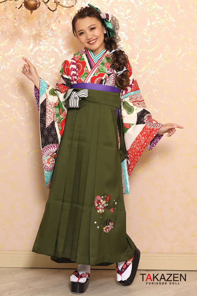 正統派古典　赤/白/グリーン(緑色)　ウメ柄　派手　可愛い　人気　清楚系袴ネットレンタル　K32027