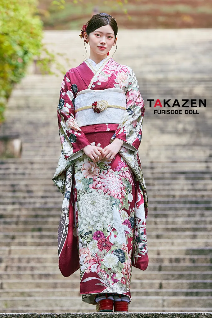 正統派古典　ワインレッド/エンジ　鶴柄/乱菊　大人っぽい　綺麗系　華やか　清楚　美しい　振袖ネットレンタル　LB45