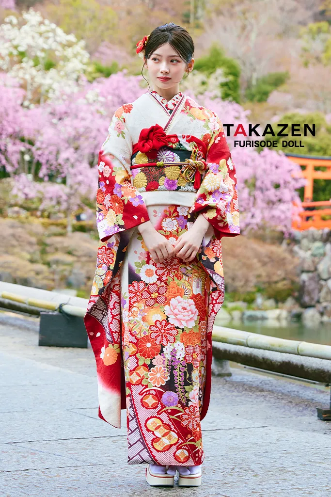 正統派古典　白赤　IKKO振袖　牡丹柄/御所車　定番人気　綺麗　華やか　清楚　美しい　上品　振袖ネットレンタル　LB46