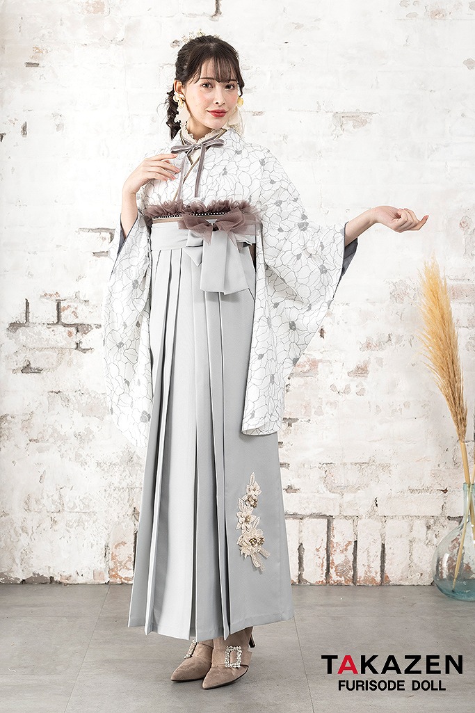 くすみカラーガーリー　ライトグレー/白　レース　シンプル　ヒールコーデ　リボンスタイル　アレンジ自由袴ネットレンタル　K24037