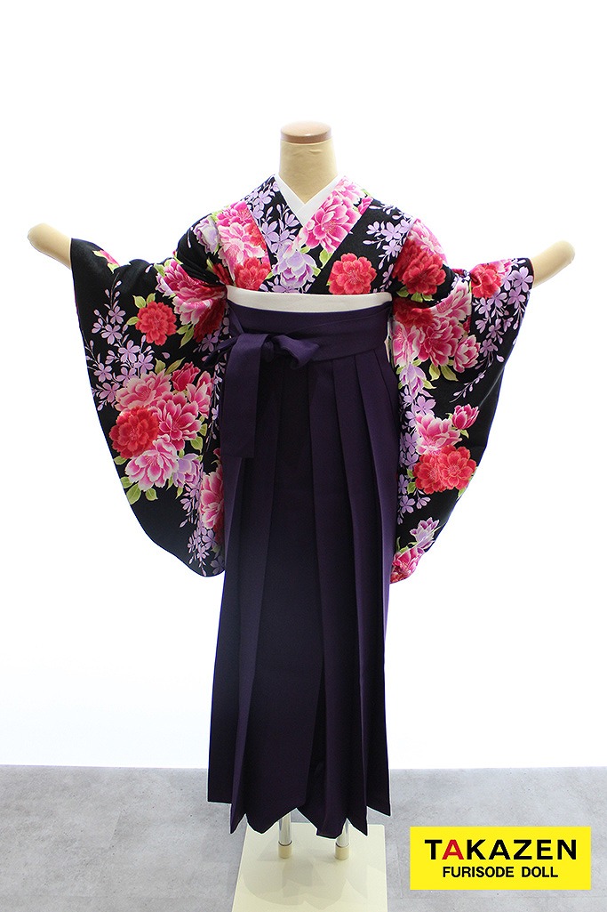 格安地雷系袴　黒地/ピンク　ボタン柄　かっこいい　個性的　安い袴ネットレンタル　Y7