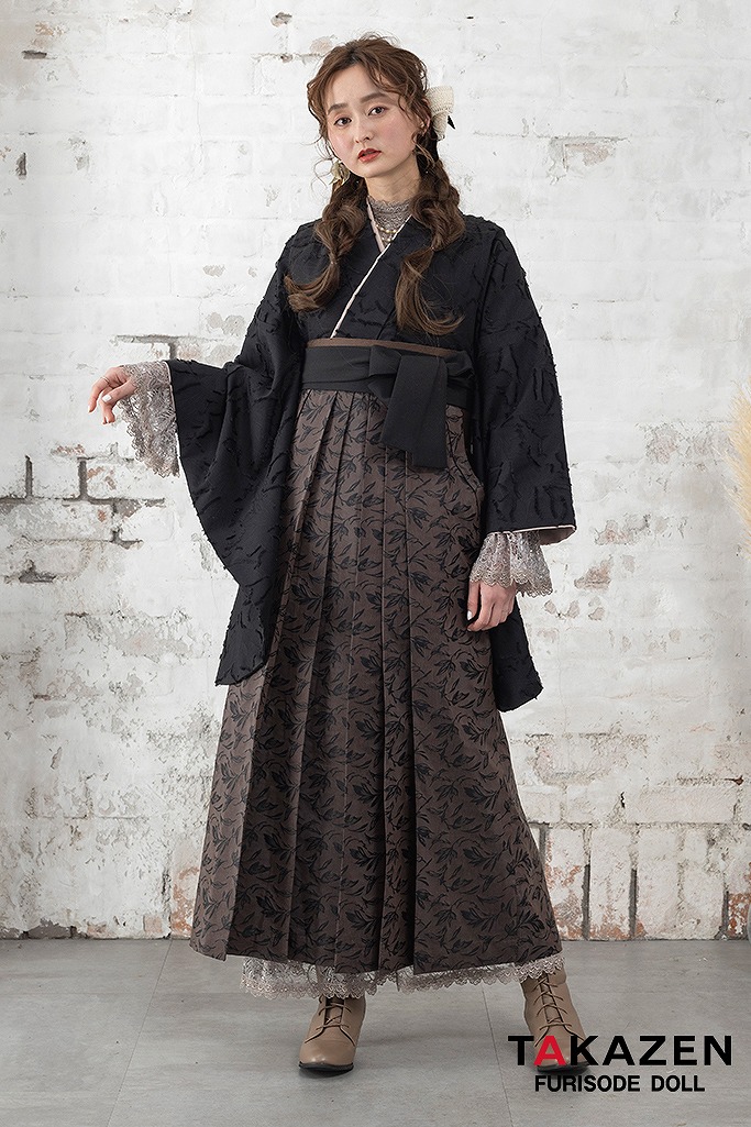 ヴィンテージスタイル　黒　無地/シンプル柄　アンティーク調　モダン　暗めの色　レースインナーコーデ袴ネットレンタル　V24038