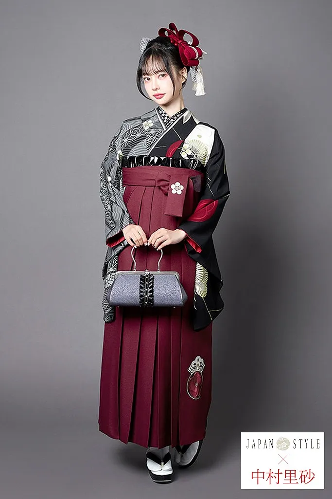 JAPANSTYE×中村里砂ブランド袴ネットレンタル　黒　肩身替り/梅丸紋　かっこいい　きれいめ　渋い　シック　大人っぽい 　R26034