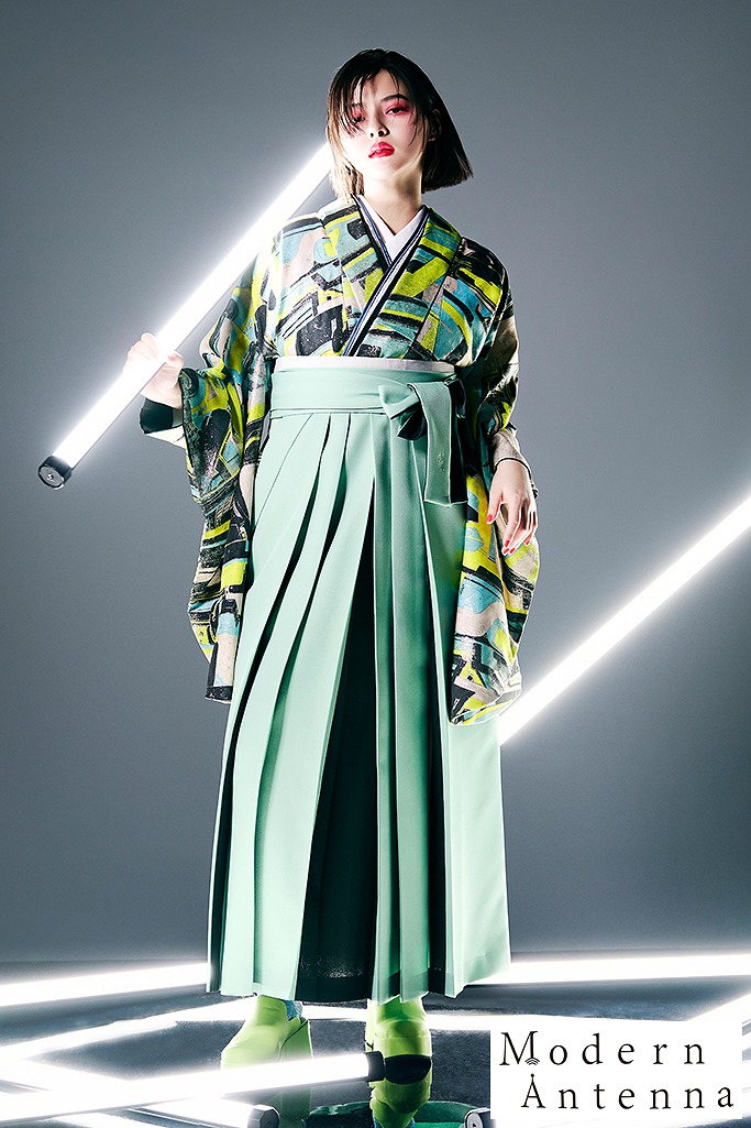 モダンアンテナブランド袴ネットレンタル　水色/グレー/蛍光色　お洒落　人とかぶらない　個性的　レトロ　ポップ　R26058