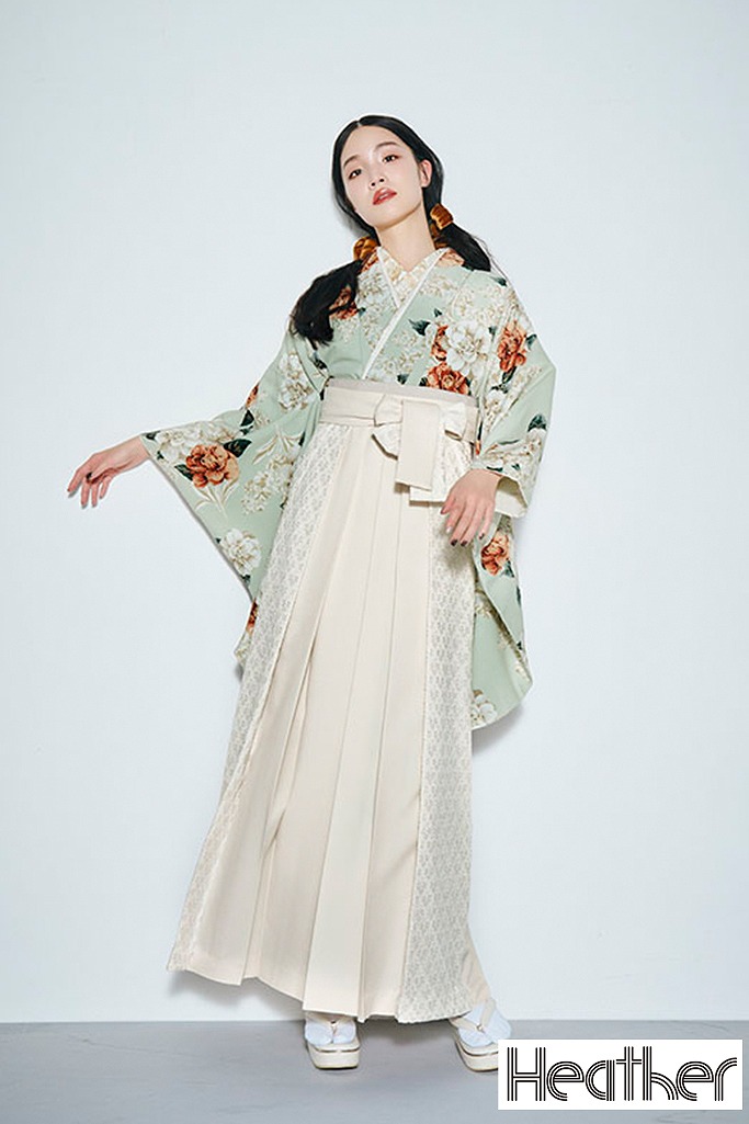 Heatherブランド袴ネットレンタル　ミントグリーン　椿柄　アンティーク調　かわいい　フェミニン　おしとやか　レース素材袴　R26044