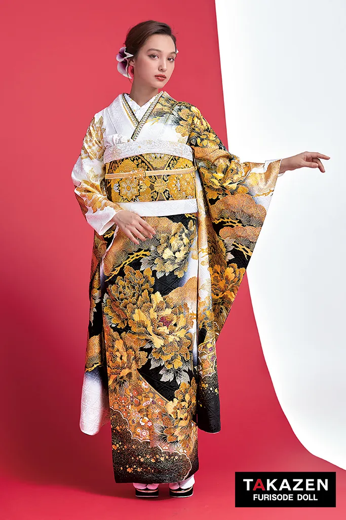 ジャパンモード　白/黒/金(ゴールド)　牡丹柄　花魁風　渋い　レディース　派手振袖　いかつい　目立つ　大人っぽい　クール　キラキラ　香川るな　31115
