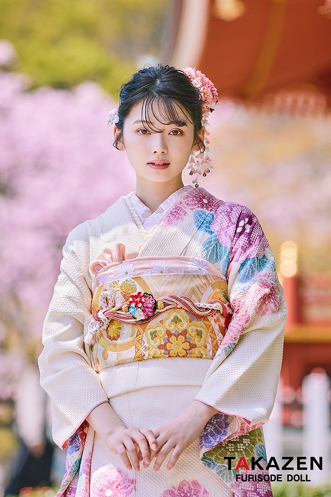 最上級“藤娘きぬたや”　白/ピンク　藤の花　総絞り振袖ネットレンタル　百貨店価格振袖表地単品100万円　南琴奈　LB32