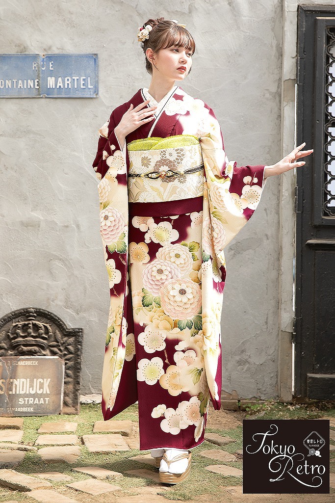 正統派古典　ワインレッド/エンジ/白　菊柄　大人っぽい　華やか　清楚　東京レトロ　マーシュ彩　K735