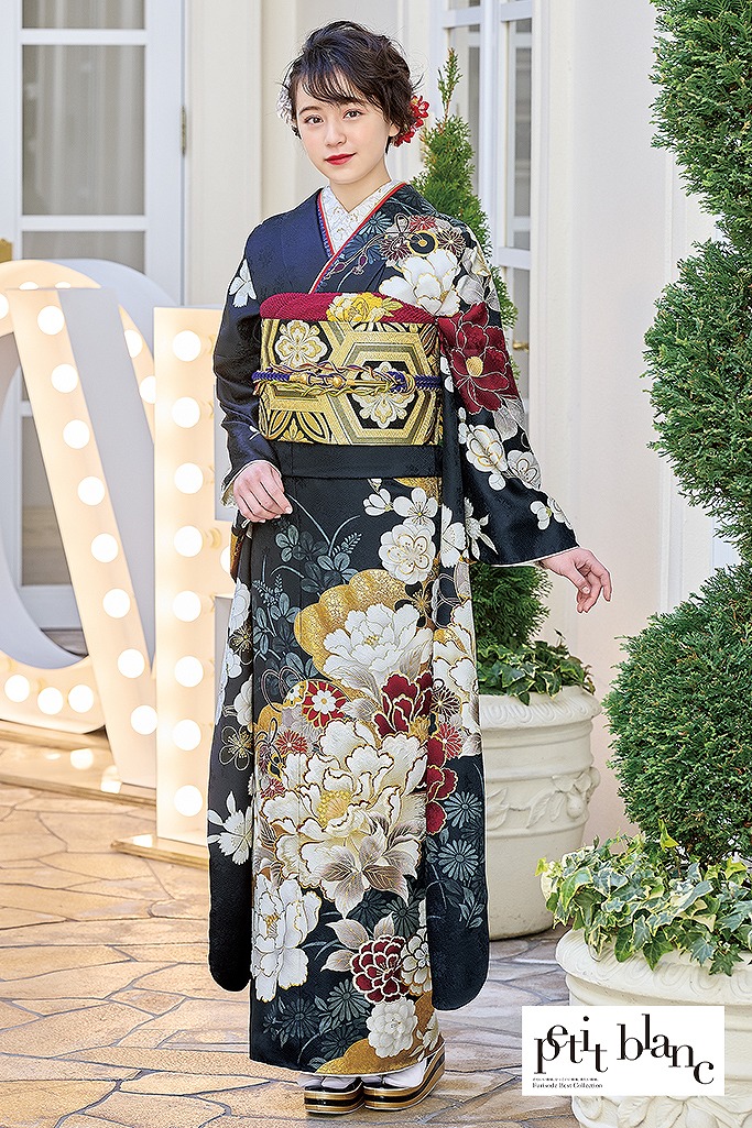 正統派古典　ネイビー/紺　牡丹柄/大柄　大人っぽい　綺麗　高身長さんにおすすめ振袖ネットレンタル　K1040
